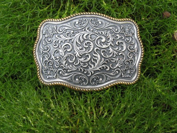 WESTERN FLORAL GOLD ROPE EDGE SILVER PLATED LADIES BELT BUCKLE