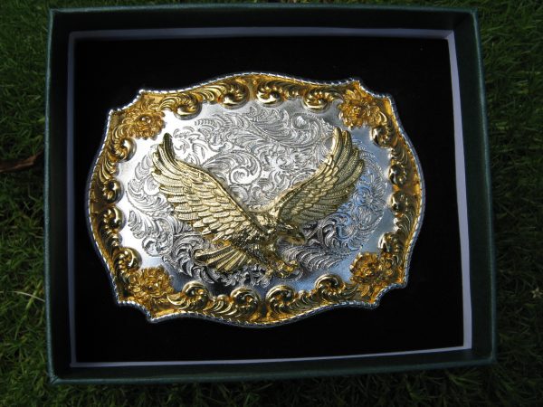 WESTERN EAGLE ROPE EDGE SILVER and GOLD PLATED BELT BUCKLE