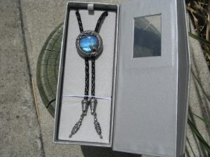 INDIAN LABRADORITE WOLF MOON SILVER PLATED BOLO TIE