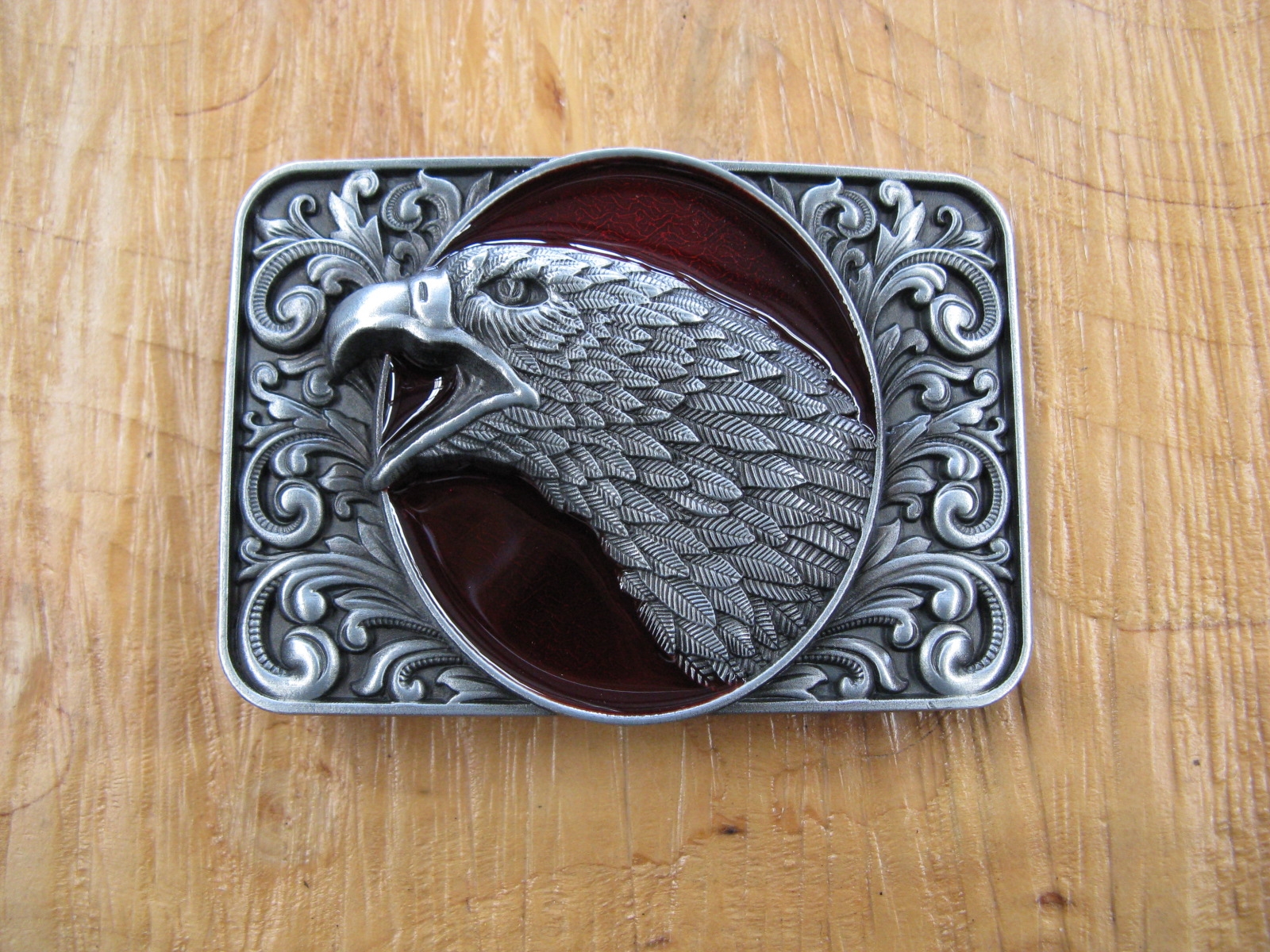 Oval Brass Eagle w/ Red Background Belt Buckle 3 1/4 Length f/s VGC