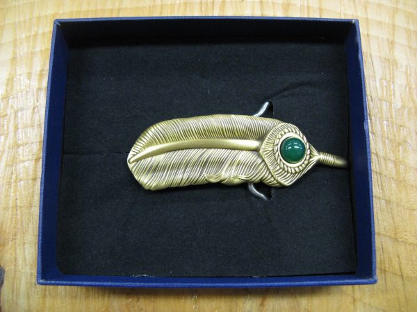 INDIAN FEATHER GREENSTONE SOLID BRASS BELT BUCKLE