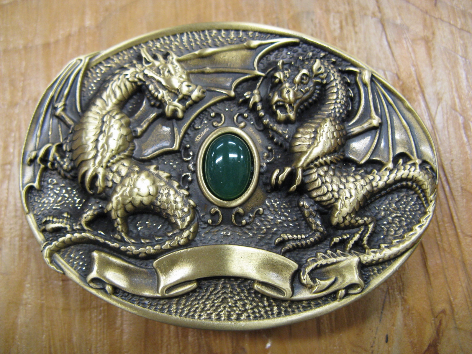 DOUBLE DRAGON WITH GREENSTONE SOLID BRASS BELT BUCKLE