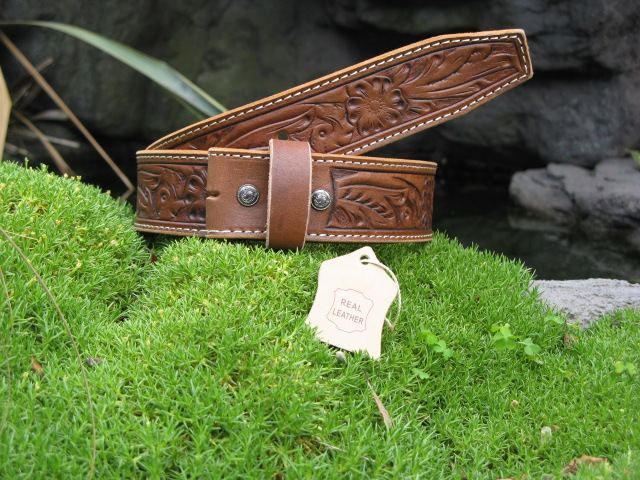 LEATHER BELT CARVED WESTERN CHOCOLATE BROWN and SOLID BRASS BUCKLE