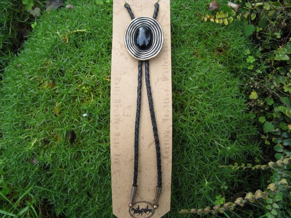 BLACK OBSIDIAN STONE ANTIQUE GOLD PLATED BOLO TIE