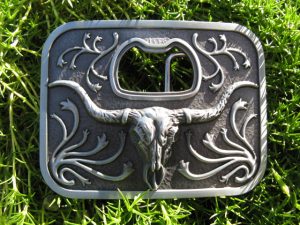 TEXAS LONGHORN BOTTLE OPENER ANTIQUE SILVER BELT BUCKLE