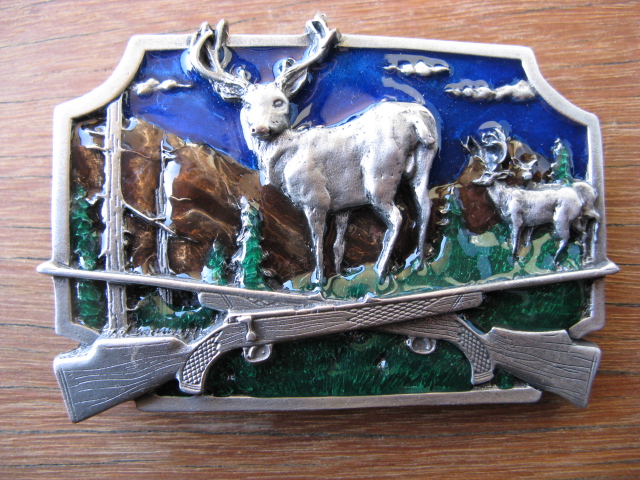 STAG AND CROSSED RIFLES BELT BUCKLE