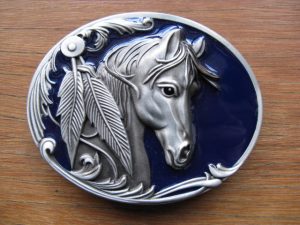 HORSE HEAD WITH INDIAN FEATHERS BLUE BELT BUCKLE