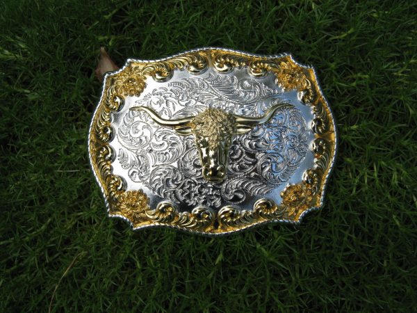 LONGHORN ROPE EDGE SILVER and GOLD PLATED BELT BUCKLE