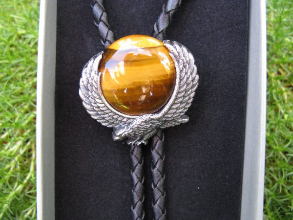 EAGLE AND TIGERS EYE STONE SILVER PLATED BOLO TIE