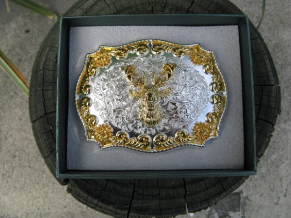 WAPITI STAG HEAD SILVER & GOLD PLATED BELT BUCKLE