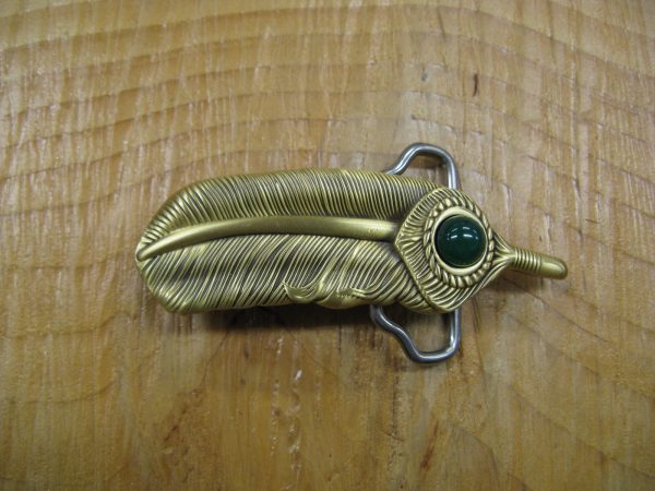 INDIAN FEATHER GREENSTONE SOLID BRASS BELT BUCKLE