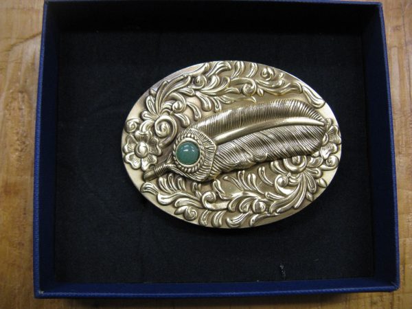 FLORAL INDIAN FEATHER WITH GREENSTONE SOLID BRASS BELT BUCKLE