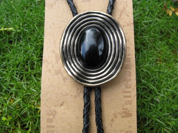 BLACK OBSIDIAN STONE ANTIQUE GOLD PLATED BOLO TIE