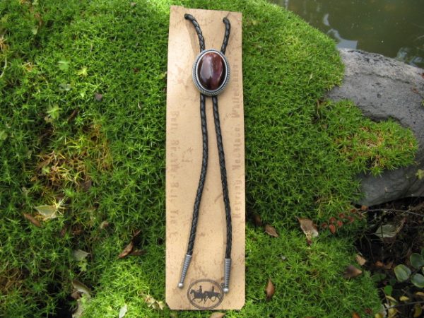 SILVER PLATED RED TIGER EYE STONE WESTERN OVAL BOLO TIE