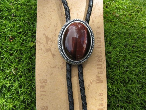 SILVER PLATED RED TIGER EYE STONE WESTERN OVAL BOLO TIE