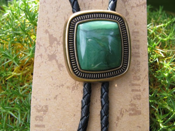 GOLD PLATED SOUTH AFRICAN GREENSTONE SQUARE BOLO TIE