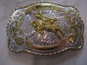 BULL RIDER SILVER AND GOLD BELT BUCKLE