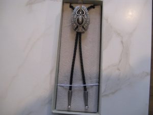 SILVER PLATED EAGLE BOLO TIE WITH SILVER OBSIDIAN STONE