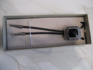 SILVER PLATED BLACK AGATE OCTAGON CELTIC BOLO TIE