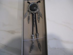 SILVER PLATED LABRADORITE STONE BOLO TIE WITH INDIAN FEATHERS