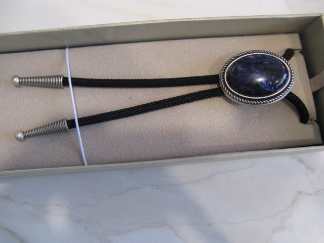SILVER PLATED BLUE PLESSITE STONE BOLO TIE WITH ROPE BORDER - Image 2