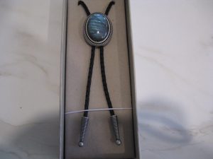 SILVER PLATED OVAL LABRADORITE STONE BOLO TIE WITH ROPE BORDER